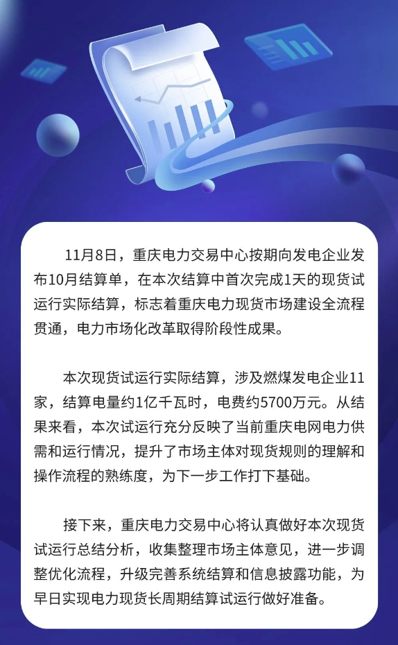重慶電力現(xiàn)貨市場首次短周期試運行完成發(fā)電側(cè)實際結(jié)算